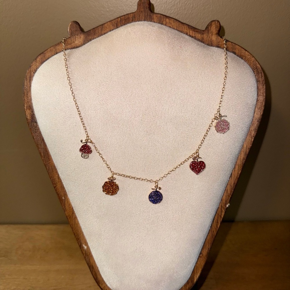 Gold Tone Rainbow Glitter Charm Necklace Mushroom Heart Shapes 22 Inch